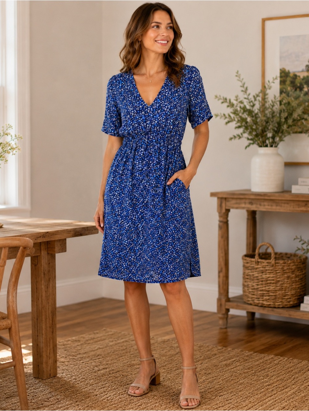 Reistor Sundowner Blue Ditsy Floral Dress Size M Lined Pockets Cottagecore